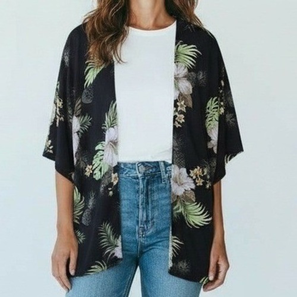 Hawaii Hangover Kimono Women 3XL‎ Black Floral Pineapple Vacation Summer